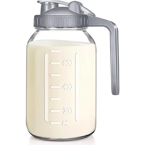 Wide Mouth Mason Jars 32 oz with Pour Spout Lids, SNGKMSYG 1 Quart Glass Pitcher with Lid, Double Leak Proof Breast Milk Pitcher for Fridge, Coffee, Water, Iced Tea (Gray, 32oz, 1 Pack)