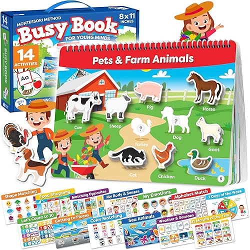 Montessori Preschool Busy Book for Toddlers Ages 3 and Up - Preassembled - Preschool Learning Activities Montessori Educational Toys - Gifts for 3 Year Old Boys, Toddler Learning Toys Activities