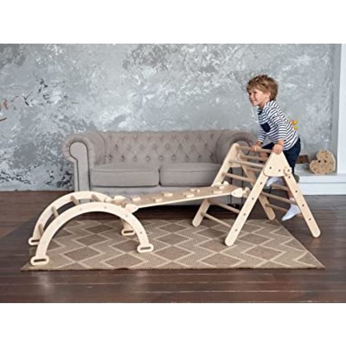 WoodandHearts Montessori Climbing Toys - Set of 3 Items - Baby Toddler Gym - Arch, Ramp and Climbing Triangle Natural Wood (Small Size)