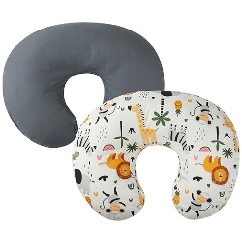 Nursing Pillow Cover 2 Pack Compatible with Boppy Pillow, 100% Cotton Super Soft for Breastfeeding Moms Fit Infant Nursing Pillows & Positioners for Baby Boy Girl Grey Elephant Lion - Elephant Lion/Grey