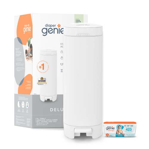 Diaper Genie Infant Deluxe Pail with 9 Easy Roll Bags, White