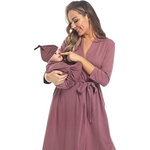 Maternity Robe with Matching Swaddle Set Girls Boys, Mommy Me Robe Set Soft Elastic Women Robes