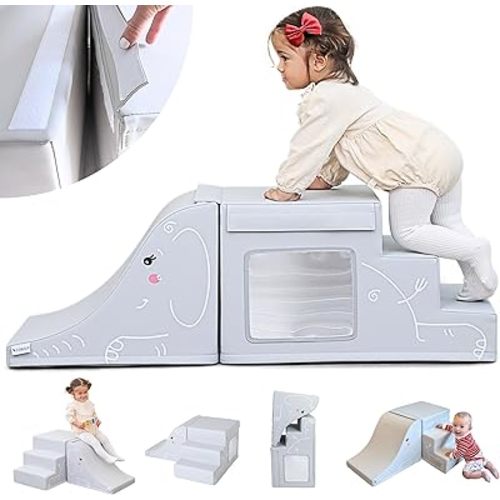 LORAIA® Non-Toxic Foam Climbing Blocks for Toddlers 1-3 - Large Vegan Leather Baby Climbing Blocks - High-end Soft Play Set w/TOP Fasteners & Baby Slide - Climbing Toys for Toddlers 1-3 Inside