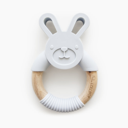 Loulou Lollipop Bunny Silicone and Wood Teething Ring - Light Grey