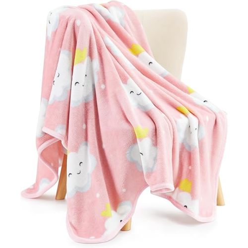 TILLYOU Toddler Flannel Blanket - Warm Cozy Baby Blanket for Boys and Girls, Smooth Cute Lightweight Blanket for Bedding Crib Stroller, 40x50 Inches, Pink Cloud