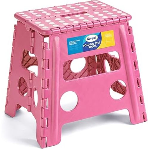 Korpai 13" Folding Step Stool for Adults and Kids Holds Up to 300 lbs,Non-Slip Folding Stools with Portable Handle, Compact Plastic Foldable Step Stool for Bathroom,Bedroom, Kitchen,Pink,1PC