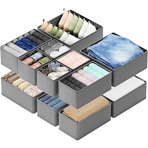 SpaceAid Drawer Organizer Clothes, 12 Pack Dresser Organizer Bins for Nursery, Closet Organization and Storage Dividers for Clothing, Baby Clothes, Underwears, Socks (Grey)