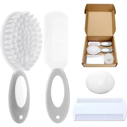 Baby Hair Brush and Comb Set, 4Pcs Baby Soft Bristles Brush Cradle Cap Brush Hair Comb for Newborns Toddlers Boys Girls (Grey)
