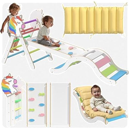 Pikler Triangle Set with Cushion, 9 in 1 Toddler Climbing Toys Indoor, Montessori Foldable Wooden Climbing Toys for Toddlers 1-3 Inside,Pikler Triangle Set Jungle Gyms Playground for Children