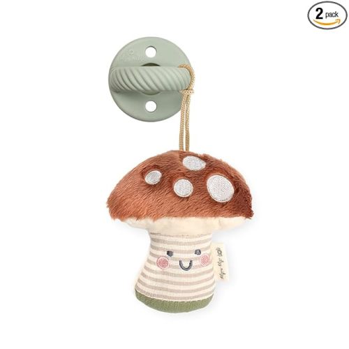 Itzy Ritzy Pacifier and Lovey Set; Detachable Plush Mushroom and Coordinating Green Silicone Pacifier; Ideal for Ages 0 Months and Up, Mushroom