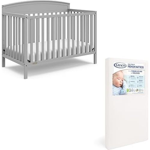 Graco Benton 5 in 1 Convertible Crib (GREENGUARD Gold Certified) with Premium Foam Crib and Toddler Mattress Included - Pebble Gray, Converts from Baby Crib to Toddler Bed, Daybed and Full-Size Bed