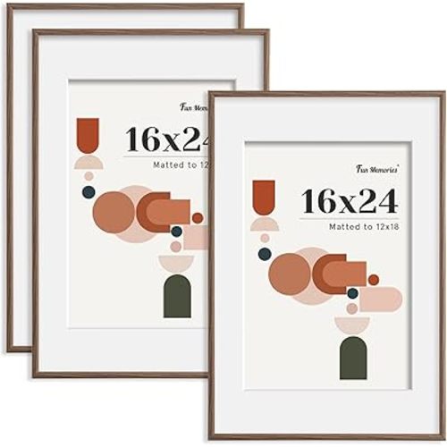Modern Arched Picture Frames (Set of 3), Shatterproof PVC Photo Frames 16x24, Display Pictures 12x18 with Mat or 16x24 Without Mat, Lightweight, Water-Resistant & Space-Saving Home Decor, Walnut
