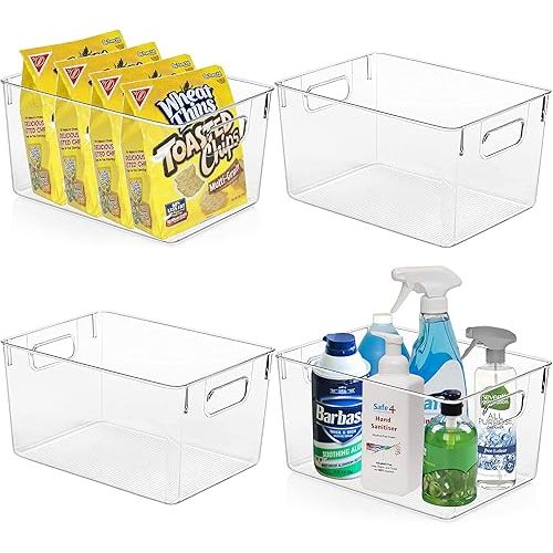 4 Pack Kitchen Organizers - Clear Plastic Storage Bins for Fridge, Pantry, Cabinet, Countertops and Bathroom
