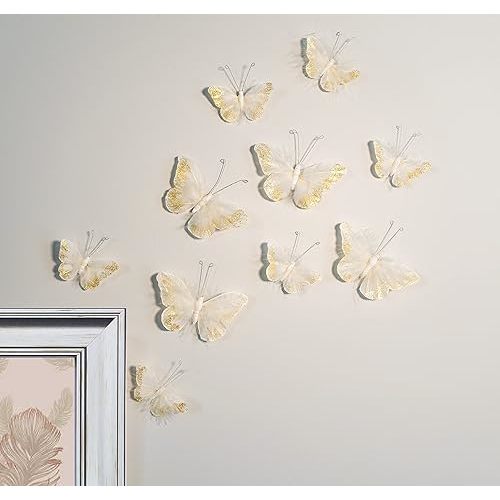 Butterfly Wall Decorations Premium Quality Real Feather 3D Wall Decals Girls Bedroom | Stunning Gold Glitter Decor Stickers All Rooms & Nursery Sets | 10 Adhesive Pieces