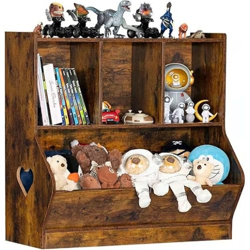 Lerliuo Kids Toy Storage Organizer Bookshelf Children Small Bookcase 4 Cubby Toy Storage Cabinet 29.53'' H Brown