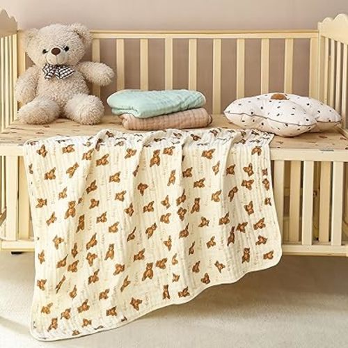 Ultra Soft 6-Layer Muslin 100% Cotton Baby Blanket 30"x35" Breathable Lightweight Cartoon Bear Swaddle Blankets for Toddlers Baby Birthday Gifts All Seasons
