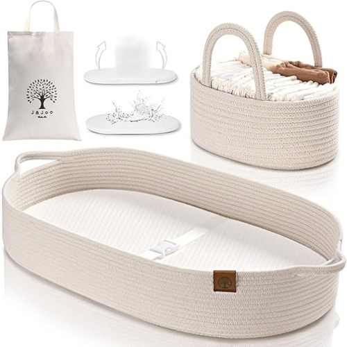 J&Joo Baby Changing Basket with Dual-Cover & Rope Diaper Caddy, Portable, Foldable Changing Pad for Dresser, Changing Table Topper, Living Room Changing Pad