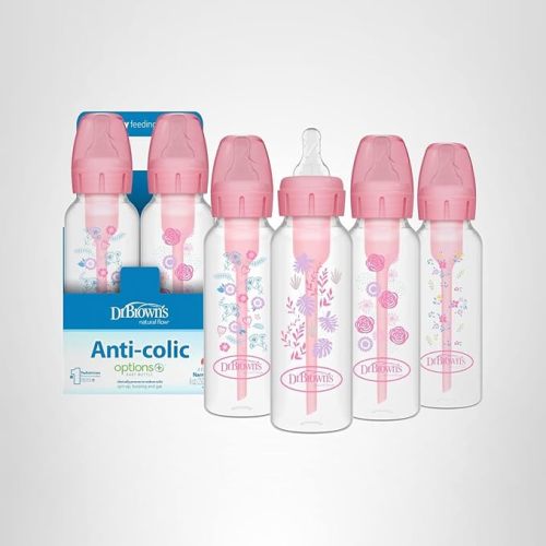 Dr. Brown's Natural Flow Anti-Colic Options+ Narrow Baby Bottle, Pink Floral, 8 oz/250 mL, with Level 1 Slow Flow Nipples, 0m+, 4 Pack