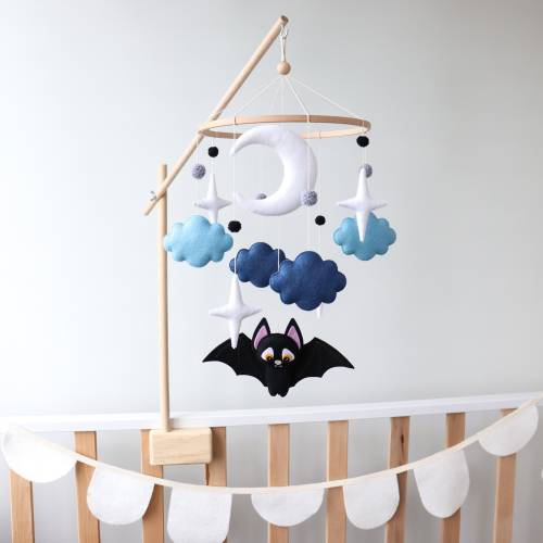 Bat baby mobile for crib, Halloween nursery decor, Felt moon, clouds and stars mobile, Goth gothic theme, Forest animals, Gender neutral