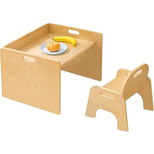 Montessori Weaning Table and Chair Set for Toddler 1-3, Wooden Baby Table and Chair Set for Eating, Laerning & Playing, Montessori Kids Furniture for Home or Preschool