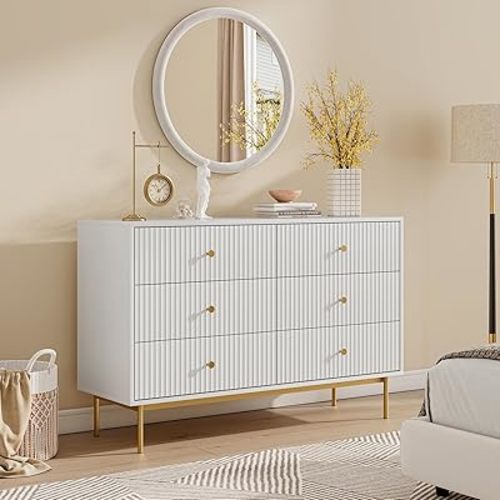 6 Drawer Double Dresser for Bedroom, White Dresser with Gold Handles, White 6 Drawer Dresser with Fluted Panels, Modern Wood Dresser Chest for Bedroom