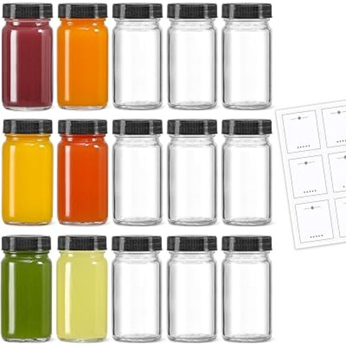 15 Pack 2 oz Glass Shot Mini Bottles w/ Black Lids & 15 Labels - Small Clear Jar for Ginger, Wellness Shot, Juice, Sample, Whiskey - Travel Essentials - Wide Mouth, Leakproof, Dishwasher Safe