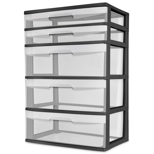 Sterilite Plastic 5 Drawer Wide Tower Black with Three Storage Options