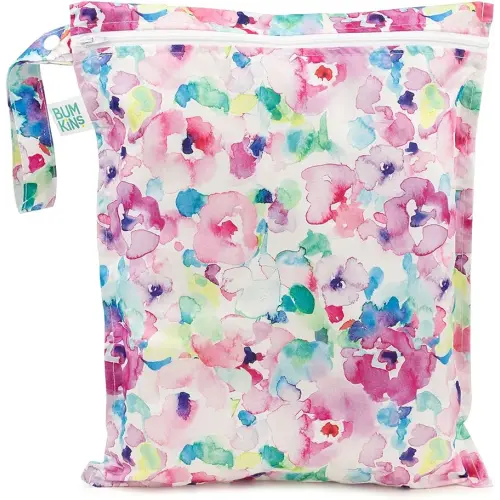 Bumkins Waterproof Wet Bag for Baby, Travel, Swim Suit, Cloth Diapers, Pump Parts, Pool, Gym, Toiletry, Strap to Stroller, Daycare, Zipper Reusable Bag, Wetdry Packing Pouch, Watercolors Floral