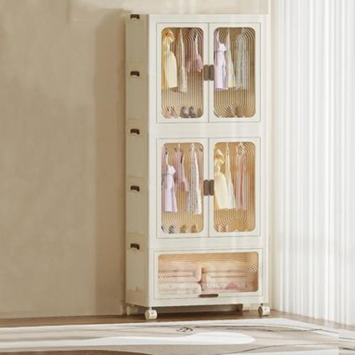 3 Tier Portable Wardrobe Closet, Collapsible Wardrobe Closet with Hanging Rod & 10 Hangers, Plastic Storage Box with Wheels for Bedroom Dormitory