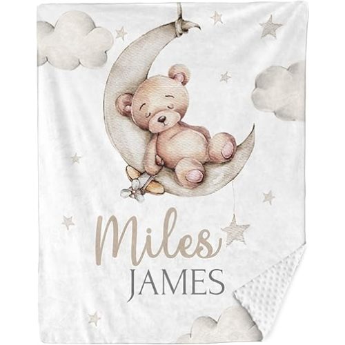Custom Baby Blanket with Name for Girls Boys, Personalized Baby Gifts, Dotted Backing Soft Cozy Throw Blanket for Bed, Stroller, 35"×45“ (Bear-1)