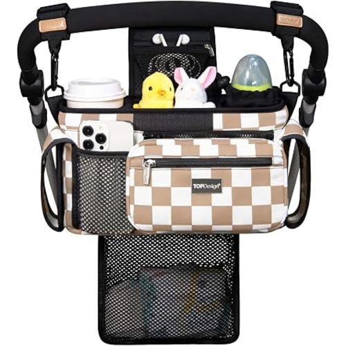 TOPDesign Universal Baby Stroller Organizer, Stroller Caddy with Detachable Mesh Bag & Heightened Insulated Cup Holders & Non-Slip Secure Hooks Accessories, Fits Most Strollers (Khaki Checkered)