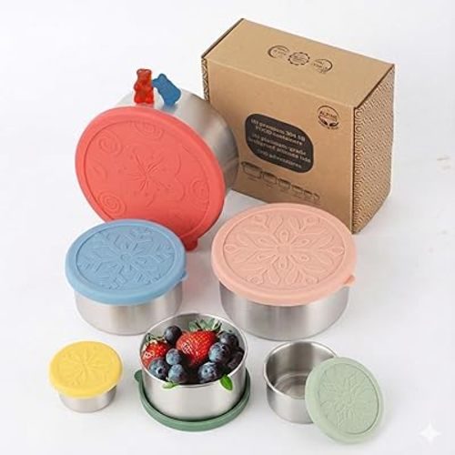 Alpine Elevation 12 Pcs - 6 Stainless Steel Containers + 6 Silicone Lids | 304 Stainless Steel Snack Container | Nesting Snack and Dip Containers | Metal Food Storage