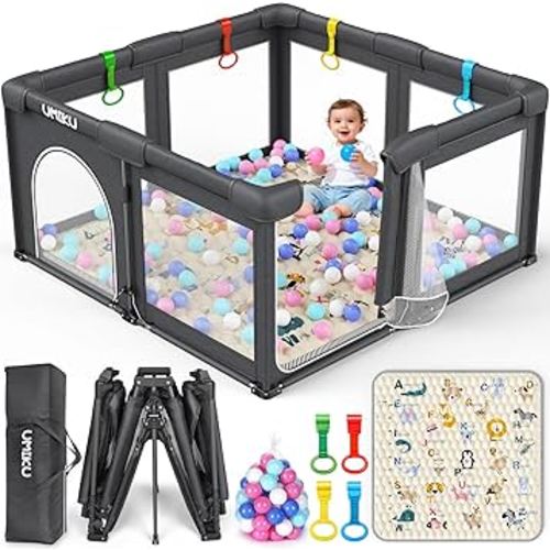 Baby Playpen with Mat, Foldable Playpen for Babies and Toddlers Large Playpens 2 Doors Play Yard Indoor Outdoor Activity Center Game Fence Safety Area Play Pen for Babies 6-12 Months 50"X50" Dark Grey