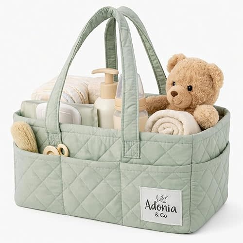 Adonia & Co Diaper Caddy Organizer – Nursery Storage Basket for Newborn Essentials Must Haves & Baby Must Haves – Portable, Machine Washable Baby Diaper Bag Organizer (Green)