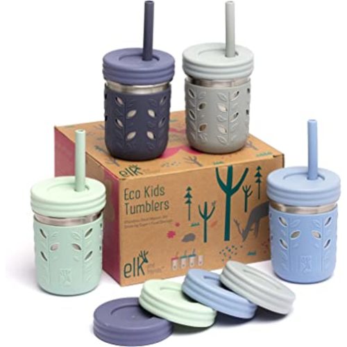 Elk and Friends Stainless Steel Cups | 10 oz Mason Jar design | Kids & Toddler Cups with Silicone Sleeves & Straws with Stopper | Smoothie Cups