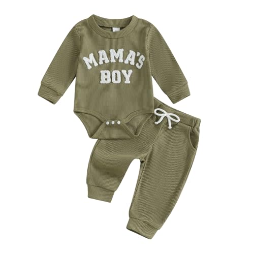 MERSARIPHY Newborn Baby Boy Fall Winter Clothes Mama's Boy Little Dude Outfit Embroidery Waffle Knit Romper Pants Sets