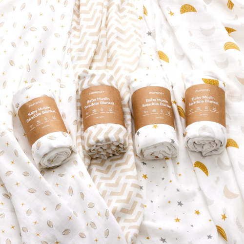 Momcozy Muslin Swaddle Blankets, 4 Pack, Breathable 2-Layer Gauze Large 47'' x 47'' Baby Swaddling Receiving Blanket Wraps for Newborn Boys Girls, Star
