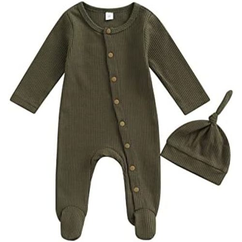 Newborn Infant Baby Boy Girl Fall Winter Clothes Long Sleeve Button Waffle Knit Footed Romper Hat 2Pcs Outfit