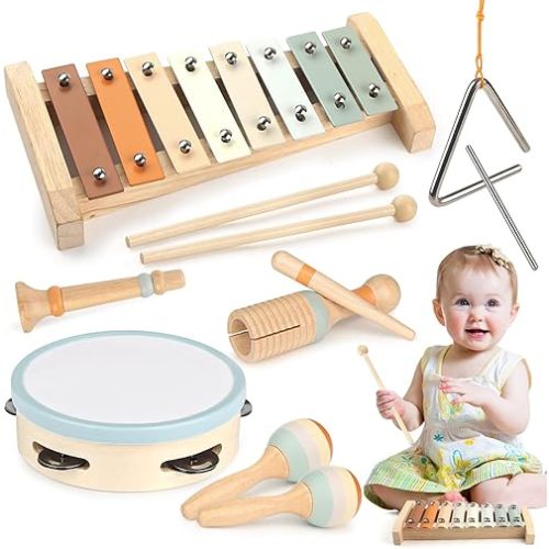 Vanplay Montessori Toys - 6 in 1 Wooden Musical Instruments for Toddlers 1-3, Infant Music Toy for Babies with Boho Xylophone for Boy & Girls Easter Birthday Gifts for 1-2