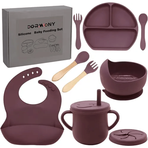 100% Silicone Baby Feeding Set, BPA Free Dishes With Suction Bowl, Divided Plate, Toddler Self Feeding Utensils, Spoons, Forks, Sippy Cup and Bib (Dark Red)