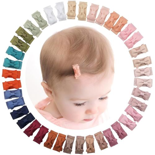 CÉLLOT 40pcs Mini 1.2" Grosgrain Ribbon Snap Clips - Tiny Fine Thin Hair Bows in Pairs for Baby Girls, Toddlers, and Infants