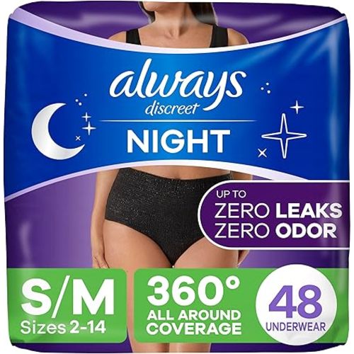 Always Discreet Overnight Adult Incontinence & Postpartum Bladder Leak Underwear for Women, Disposable, Small/Medium, 48 Count (3 Packs of 16)