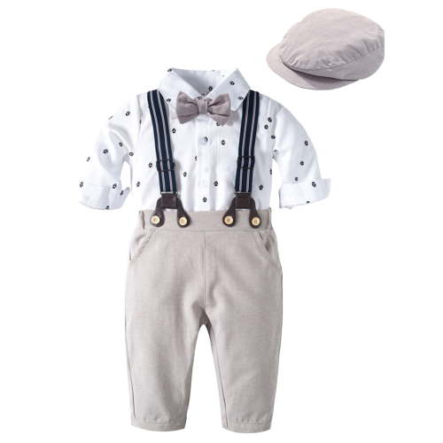 Povozer Boys Summer Bow Tie Set Baby Boy Clothes Suits Infant Gentleman Outfit Long Sleeve Dress Shirt+Suspender Pants+Bowtie+Beret Hat Wedding Set 80 90 100 110 120 for 0-3 Months,Silver