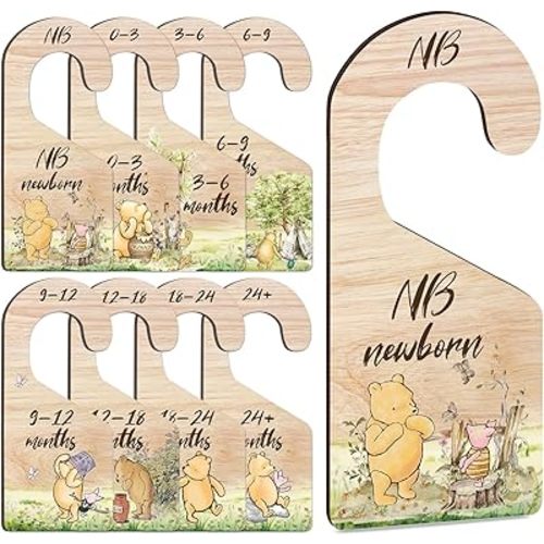8PCS Classic Winnie Baby Closet Dividers for Newborn, the Pooh Baby Nursery Decor Wooden Hanger, Winnie Baby Clothes Dividers for Closet, Double-Sided Baby Closet Dividers