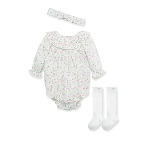 Little Me Baby Girls' 3-Piece Headband and Long Sleeve Smocked Romper, and Sock Set, 0-12 Months