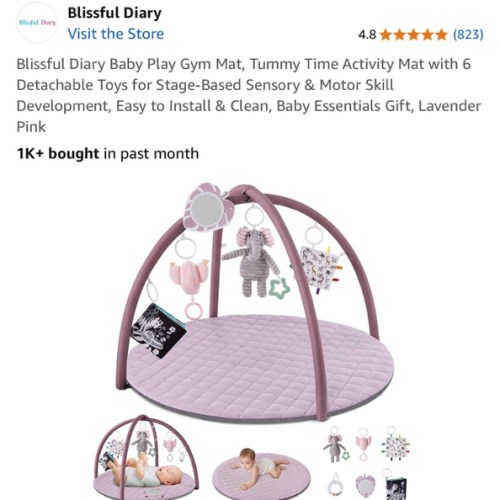 Blissful Diary Baby Play Gym Mat, Tummy Time Activity Mat with 6 Detachable Toys for Stage-Based Sensory & Motor Skill Development, Easy to Install & Clean, Baby Essentials Gift, Lavender Pink