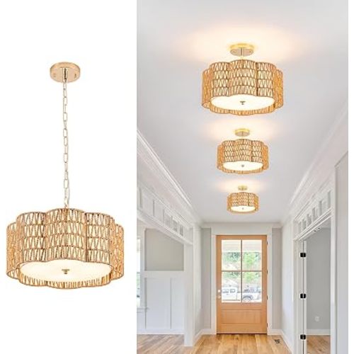 Plum Blossom Ceiling Light & Rattan Chandelier with Fabric Shade(16.5" 4•Light) | √UL-Listed Flush Mount & Fire-Safe PC Panels for Boho Kitchen Islands | Modern Farmhouse Dining Room Lighting