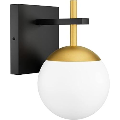 Ralbay Black Gold Wall Sconce, Mid Century Modern Wall Lighting Fixtures Milky Glass Indoor Wall Lamp for Home Decor Bathroom Kitchen Living Room Vanity Hallway