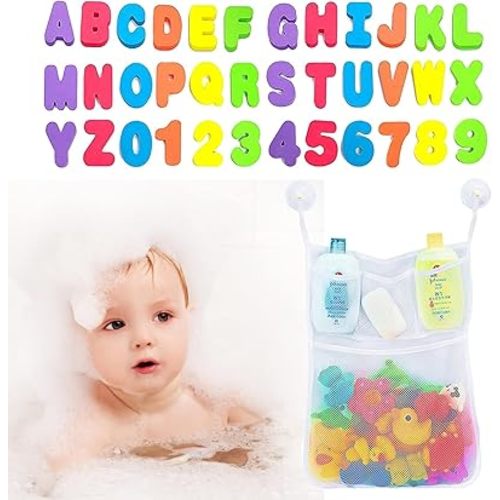 Sizkii 36 lettres et chiffres de bain en mousse pour baignoire, jouet de bain pour bébé, jouets de salle de bain pour tout-petits, lettres de l'alphabet flottantes, sac de rangement en maille avec