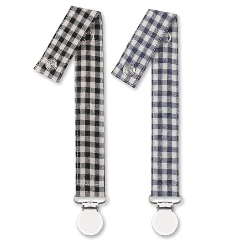 Pacifier Clip Leash Soothie Holder Unisex plaid button for boy (2 Pack)